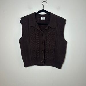 Sunday‎ Best Aritzia Brown Merino Wool Cable Knit Front Polo Sweater Vest Size L